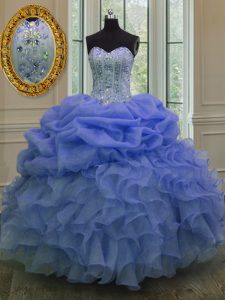 Floor Length Lace Up Quinceanera Gowns Blue for Military Ball and Sweet 16 and Quinceanera with Beading and Pick Ups