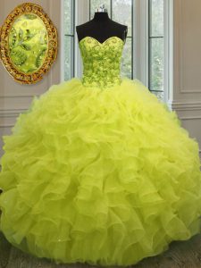Sleeveless Floor Length Beading and Ruffles Lace Up Vestidos de Quinceanera with Yellow