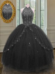 High-neck Sleeveless Lace Up Sweet 16 Quinceanera Dress Black Tulle