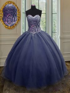 Popular Organza Sweetheart Sleeveless Lace Up Beading and Ruching 15 Quinceanera Dress in Navy Blue