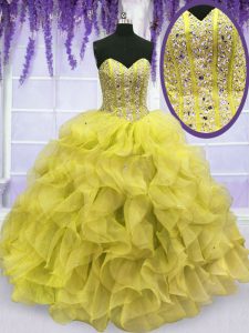 Yellow Lace Up Sweetheart Beading and Ruffles Sweet 16 Dresses Organza Sleeveless