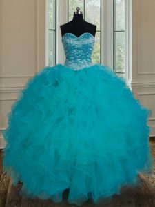 Nice Teal Ball Gowns Sweetheart Sleeveless Tulle Floor Length Lace Up Beading and Ruffles Quinceanera Gowns
