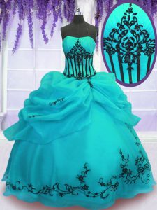 Glamorous Turquoise Strapless Neckline Embroidery Vestidos de Quinceanera Sleeveless Lace Up