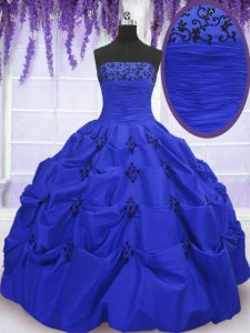 Sumptuous Royal Blue Ball Gowns Taffeta Strapless Sleeveless Embroidery and Pick Ups Floor Length Lace Up 15 Quinceanera Dress