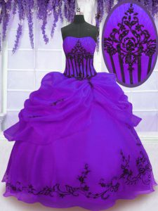 Affordable Purple Strapless Lace Up Embroidery Quinceanera Dresses Sleeveless