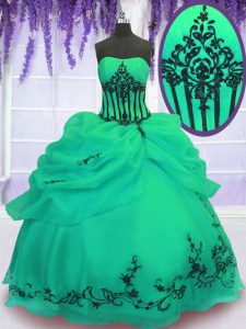 Fancy Green Strapless Neckline Embroidery Quince Ball Gowns Sleeveless Lace Up