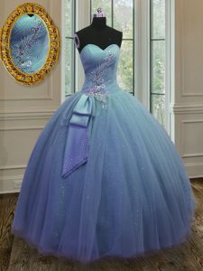 Luxurious Sleeveless Tulle and Sequined Floor Length Lace Up Sweet 16 Dresses in Blue with Beading and Ruching