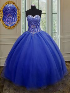 Charming Sleeveless Organza Floor Length Lace Up Quinceanera Gown in Royal Blue with Beading and Belt