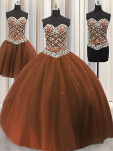 Shining Three Piece Sleeveless Floor Length Beading and Sequins Lace Up Quinceanera Dresses with Brown