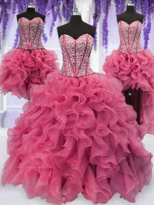 Four Piece Pink Organza Lace Up Sweetheart Sleeveless Floor Length Quinceanera Gowns Ruffled Layers and Sequins