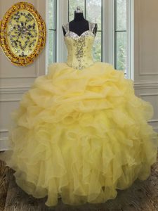 Straps Light Yellow Sleeveless Floor Length Beading and Ruffles Zipper Quince Ball Gowns