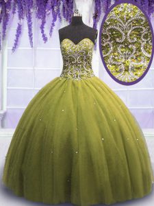 Simple Olive Green Ball Gowns Beading and Appliques Vestidos de Quinceanera Lace Up Tulle Sleeveless Floor Length