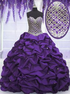 Eggplant Purple Ball Gowns Sweetheart Sleeveless Taffeta Floor Length Lace Up Beading and Sequins and Pick Ups Sweet 16 Quinceanera Dress