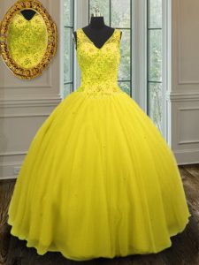 Yellow V-neck Zipper Beading 15 Quinceanera Dress Sleeveless