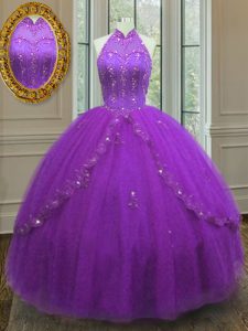 High-neck Sleeveless Tulle Quinceanera Dress Beading and Appliques Lace Up