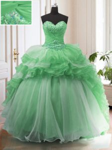 Fancy Ruffled Green Sleeveless Organza Sweep Train Lace Up Sweet 16 Dresses for Military Ball and Sweet 16 and Quinceanera