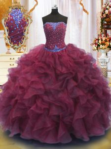 Strapless Sleeveless Lace Up Sweet 16 Dresses Burgundy Organza