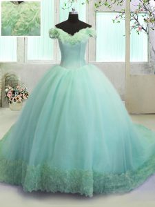 Shining Off the Shoulder Turquoise Organza Lace Up 15th Birthday Dress Sleeveless With Train Court Train Hand Made Flower