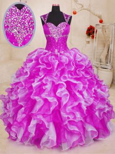 Fuchsia Ball Gowns Organza Sweetheart Sleeveless Beading and Ruffles Floor Length Lace Up Quinceanera Gown