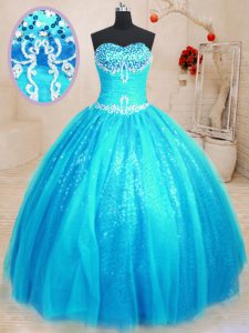 Best Selling Baby Blue Tulle and Sequined Lace Up Sweetheart Sleeveless Floor Length Quinceanera Dress Beading and Appliques