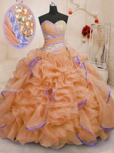 Classical Sweetheart Sleeveless Brush Train Lace Up Quinceanera Gowns Orange Organza