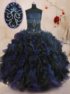 Blue And Black Sleeveless Organza Lace Up Quinceanera Dresses for Military Ball and Sweet 16 and Quinceanera