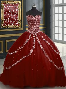 Enchanting Sweetheart Sleeveless 15th Birthday Dress With Brush Train Beading and Appliques Burgundy Tulle