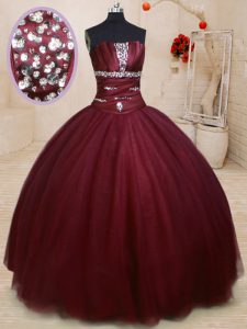 Custom Designed Floor Length Burgundy 15 Quinceanera Dress Tulle Sleeveless Beading