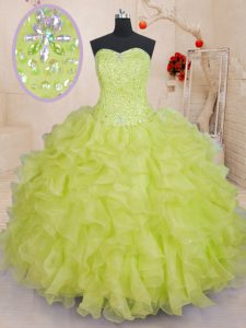 Yellow Green Ball Gowns Organza Sweetheart Sleeveless Beading and Ruffles Floor Length Lace Up Sweet 16 Quinceanera Dress