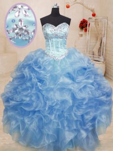 Discount Floor Length Light Blue Sweet 16 Dresses Organza Sleeveless Beading and Ruffles