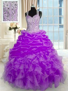 Admirable Lilac Zipper Straps Beading and Ruffles Sweet 16 Quinceanera Dress Organza Sleeveless