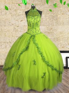 Extravagant Halter Top Yellow Green Sleeveless Tulle Lace Up 15th Birthday Dress for Military Ball and Sweet 16 and Quinceanera