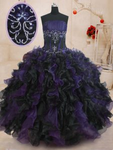 Strapless Sleeveless Lace Up Ball Gown Prom Dress Black And Purple Organza