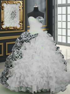 Custom Made Printed White Ball Gown Prom Dress Military Ball and Sweet 16 and Quinceanera with Beading and Ruffles and Pattern Sweetheart Sleeveless Brush Train Lace Up