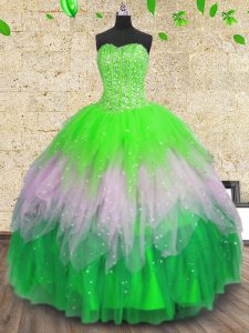 High Quality Multi-color Ball Gowns Sweetheart Sleeveless Tulle Floor Length Lace Up Beading and Ruffles and Sequins Vestidos de Quinceanera