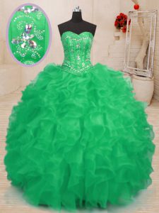 Floor Length Lace Up Quinceanera Gown Teal and Green for Military Ball and Sweet 16 and Quinceanera with Beading and Ruffles