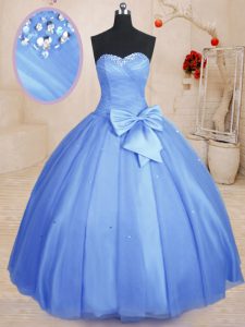Suitable Light Blue Lace Up Sweetheart Beading and Bowknot Sweet 16 Dresses Tulle Sleeveless