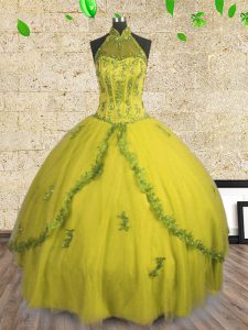 Halter Top Sleeveless Lace Up Quinceanera Gown Yellow Tulle