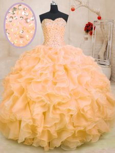 Noble Sleeveless Floor Length Beading and Ruffles Lace Up Quinceanera Gown with Orange
