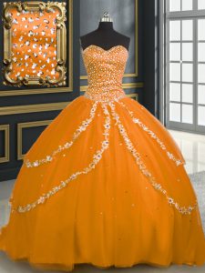 Colorful Orange Sweetheart Lace Up Beading and Appliques Quinceanera Gowns Brush Train Sleeveless