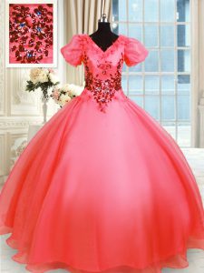 Floor Length Ball Gowns Short Sleeves Coral Red 15 Quinceanera Dress Lace Up