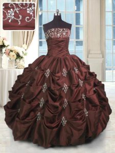 Burgundy Taffeta Lace Up Strapless Sleeveless Floor Length 15th Birthday Dress Beading and Appliques and Embroidery and Pick Ups
