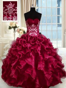 Wine Red Organza Lace Up Sweetheart Sleeveless Floor Length Sweet 16 Dresses Beading and Appliques and Ruffles