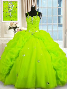 Yellow Green Lace Up Spaghetti Straps Beading and Pick Ups Quinceanera Gowns Organza Sleeveless