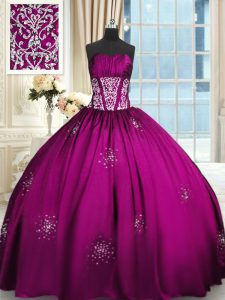 Sweet Fuchsia Strapless Lace Up Beading and Appliques and Ruching Quinceanera Gowns Sleeveless
