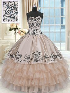 Latest Champagne Lace Up Sweetheart Beading and Embroidery and Ruffled Layers Quince Ball Gowns Organza and Taffeta Sleeveless