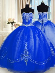 Suitable Strapless Sleeveless Organza Sweet 16 Quinceanera Dress Beading and Embroidery Lace Up