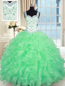Floor Length Sweet 16 Quinceanera Dress Organza Sleeveless Beading and Appliques and Ruffles