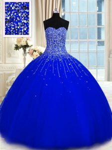 Sleeveless Floor Length Beading Lace Up 15 Quinceanera Dress with Royal Blue