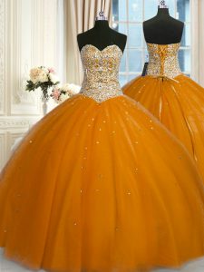 Tulle Sweetheart Sleeveless Lace Up Beading and Sequins 15 Quinceanera Dress in Rust Red